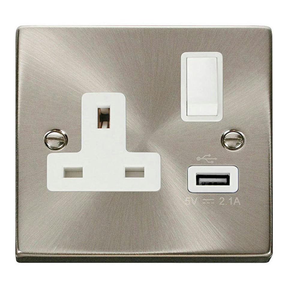 image 1 of SE HOME Satin / Brushed Chrome 1 Gang 13A DP 1 USB Switched Plug Socket White | Satin Chrome
