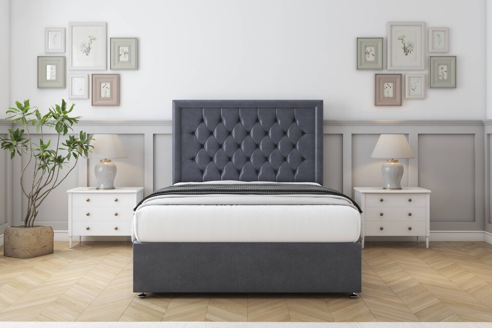 image 1 of Sloomy Montana Steel Plush Divan Bed With Mattress 2 Drawers Same Side With 54" Floor Standing Headboard 4'6 Double | Grey | Steel | Double | 1
