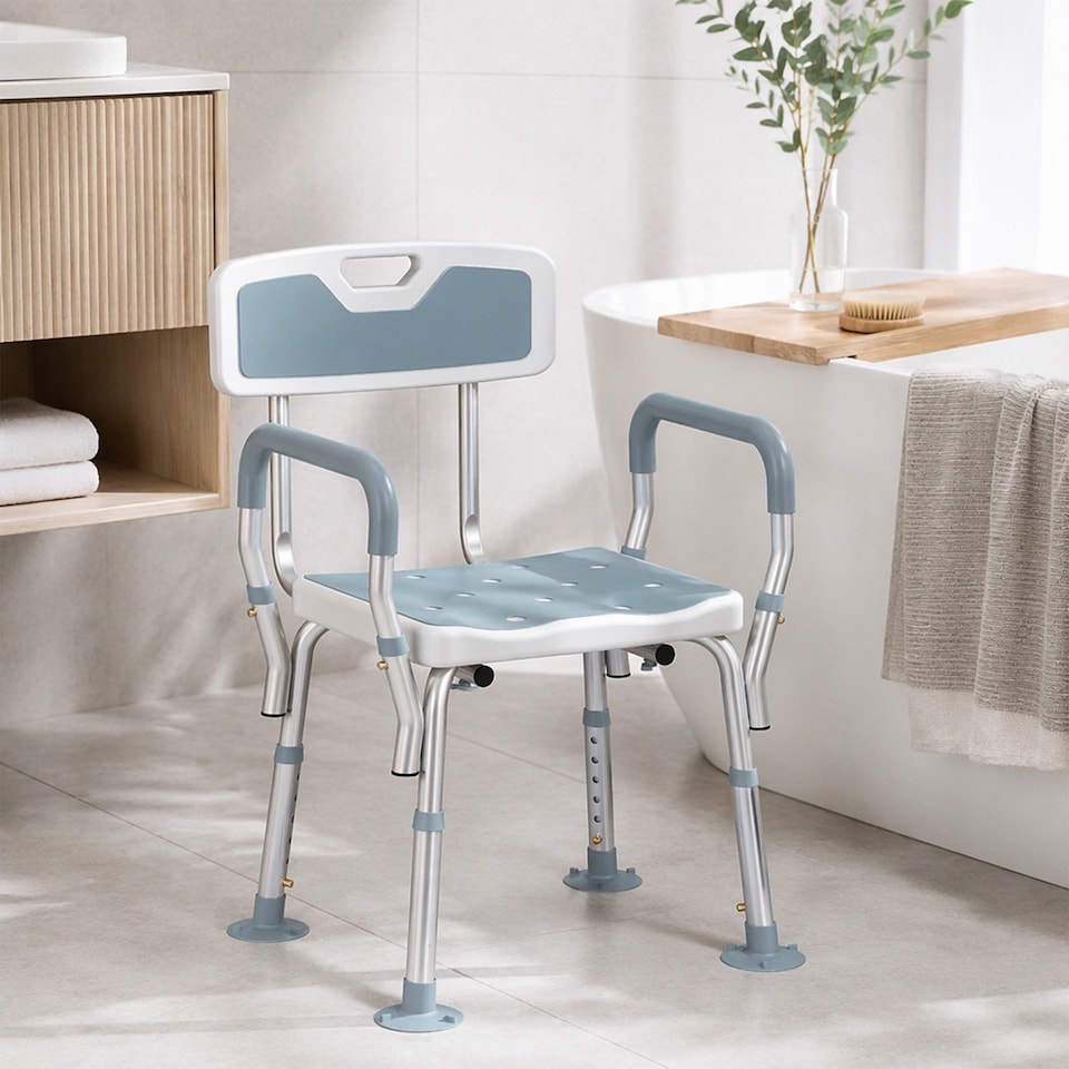 image 1 of HOMCOM EVA Padded Shower Stool with Arms 4 Suction Foot Pads, Light Blue