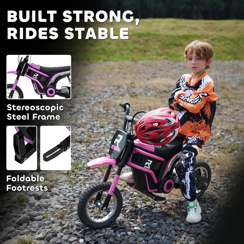 image 1 of HOMCOM 24V Kids Electric Motorbike with Twist Grip Throttle, Music, Horn, 12 Pneumatic Tyres, Max Speed 16kmithh, for Ages 8-12 Years - Pink