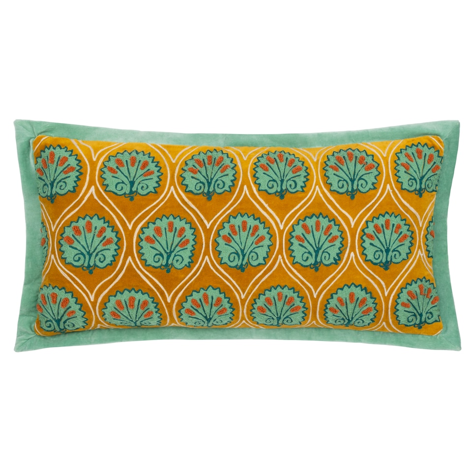 image 1 of Paoletti Embroidered Cushion, Ochre/Marine, 30 x 60cm