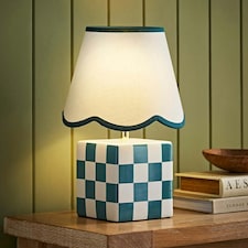 ValueLights Evie Ceramic Cube Checkered Table Lamp with Sage Green Trim Linen Scallop Lamp Shade and LED Bulb