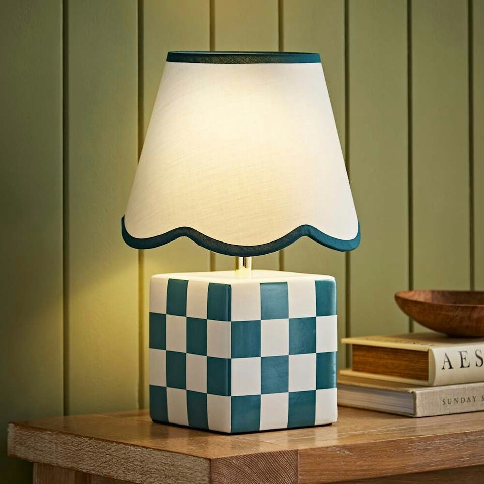 image 1 of ValueLights Evie Ceramic Cube Checkered Table Lamp with Sage Green Trim Linen Scallop Lamp Shade and LED Bulb