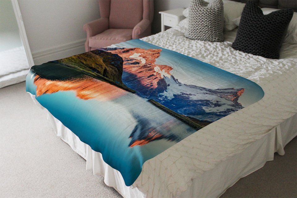 image 1 of Fantastic evening panorama of Bachalp lake Designer Blanket | Multi