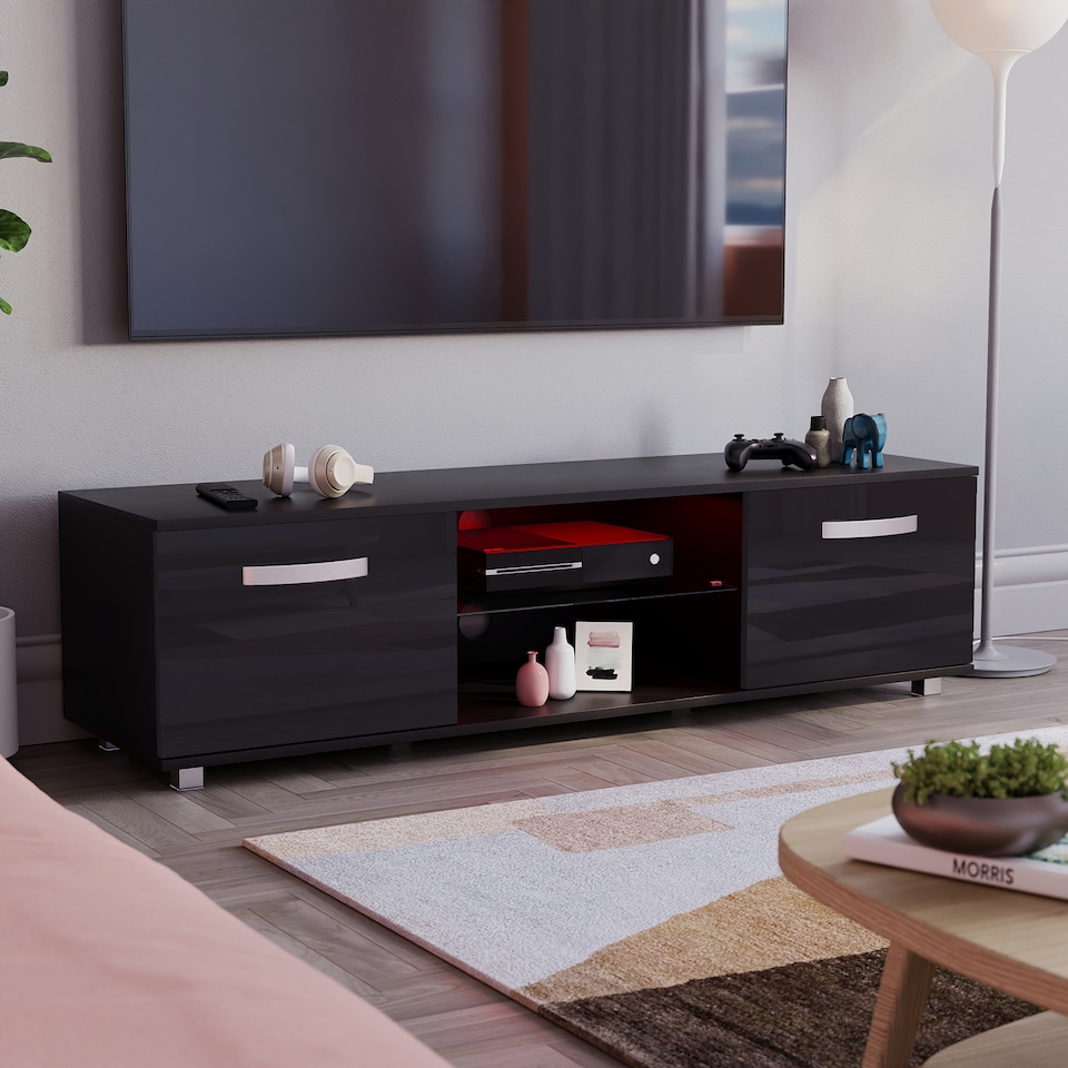 image 1 of Vida Designs Cosmo 2 Door LED TV Unit Entertainment Stand, 140cm, Black | Black | 1