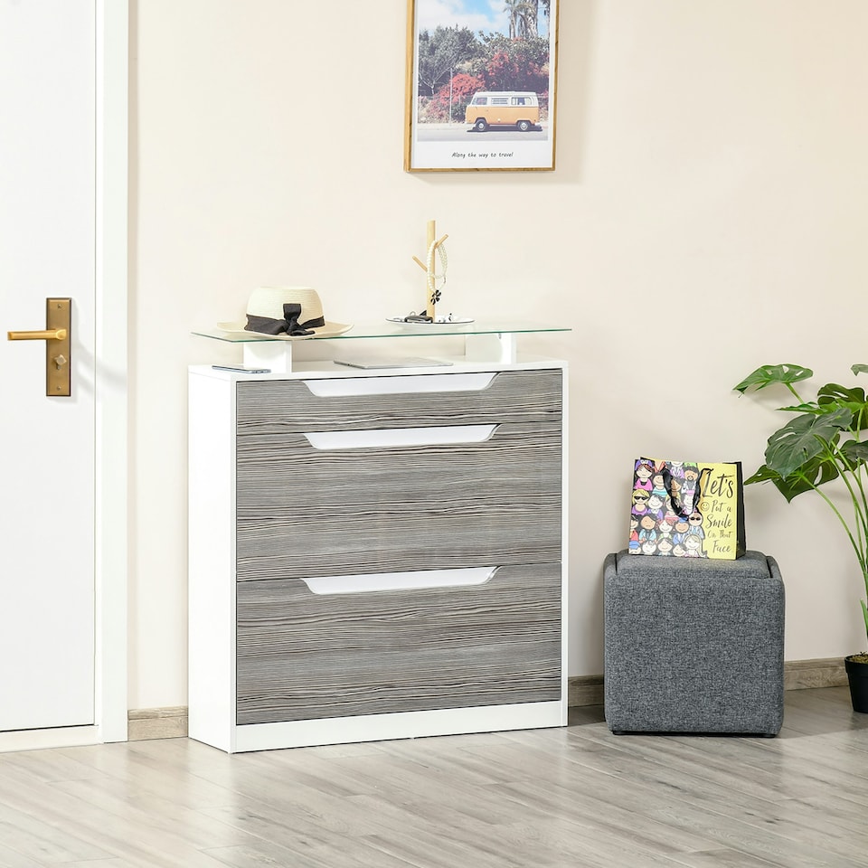 image 1 of HOMCOM Shoe Cabinet with 3 Drawers, High Gloss Front Panels, Glass Top Grey