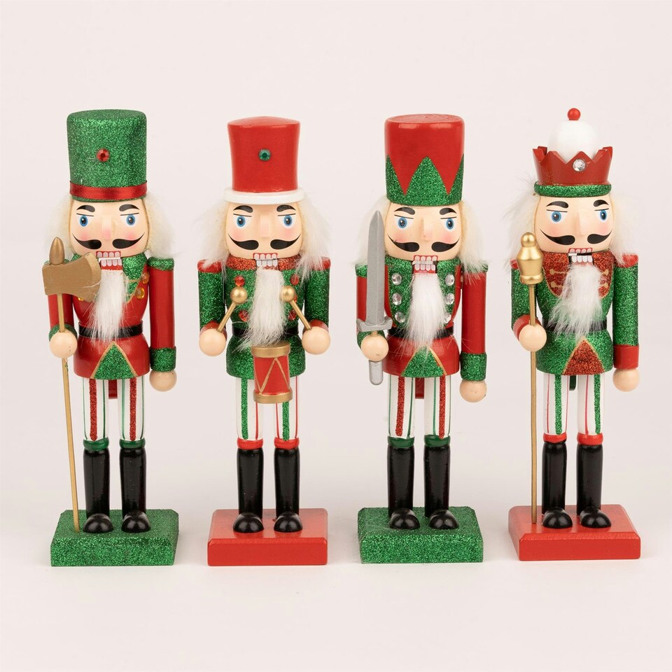 image 1 of 25cm Red & Green Wooden Nutcrackers - 4-Piece Set