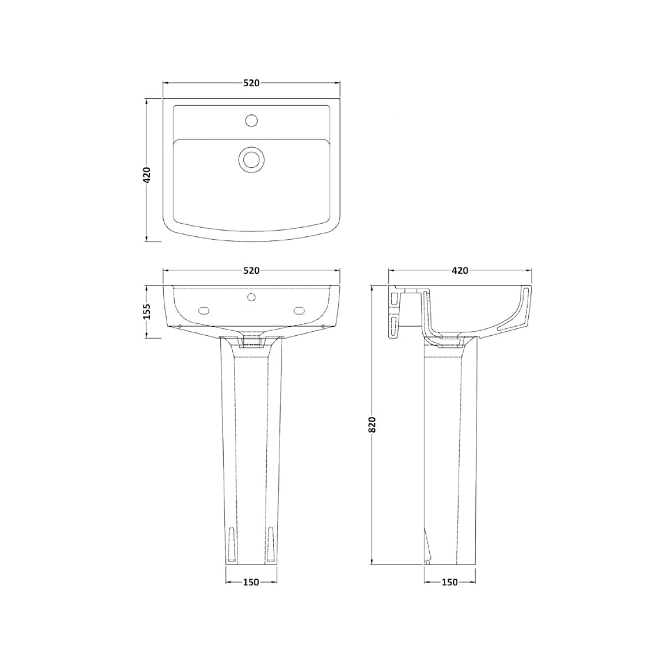 image 1 of Square 1 Tap Hole Basin Full Pedestal 520mm | White | White | 420 x 520 x 820mm