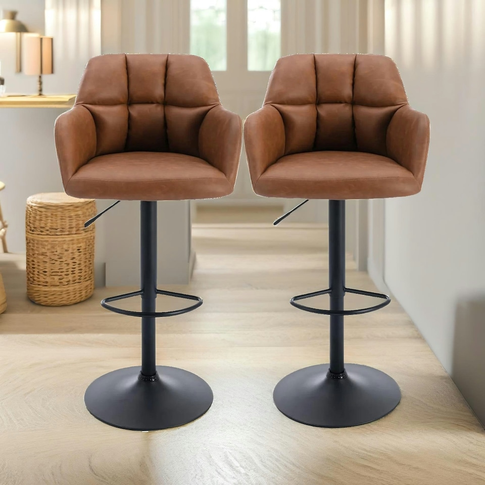 image 1 of 2PC Height Adjustable 360 PU Leather Swivel Barstools Set With Armrest Brown Brown