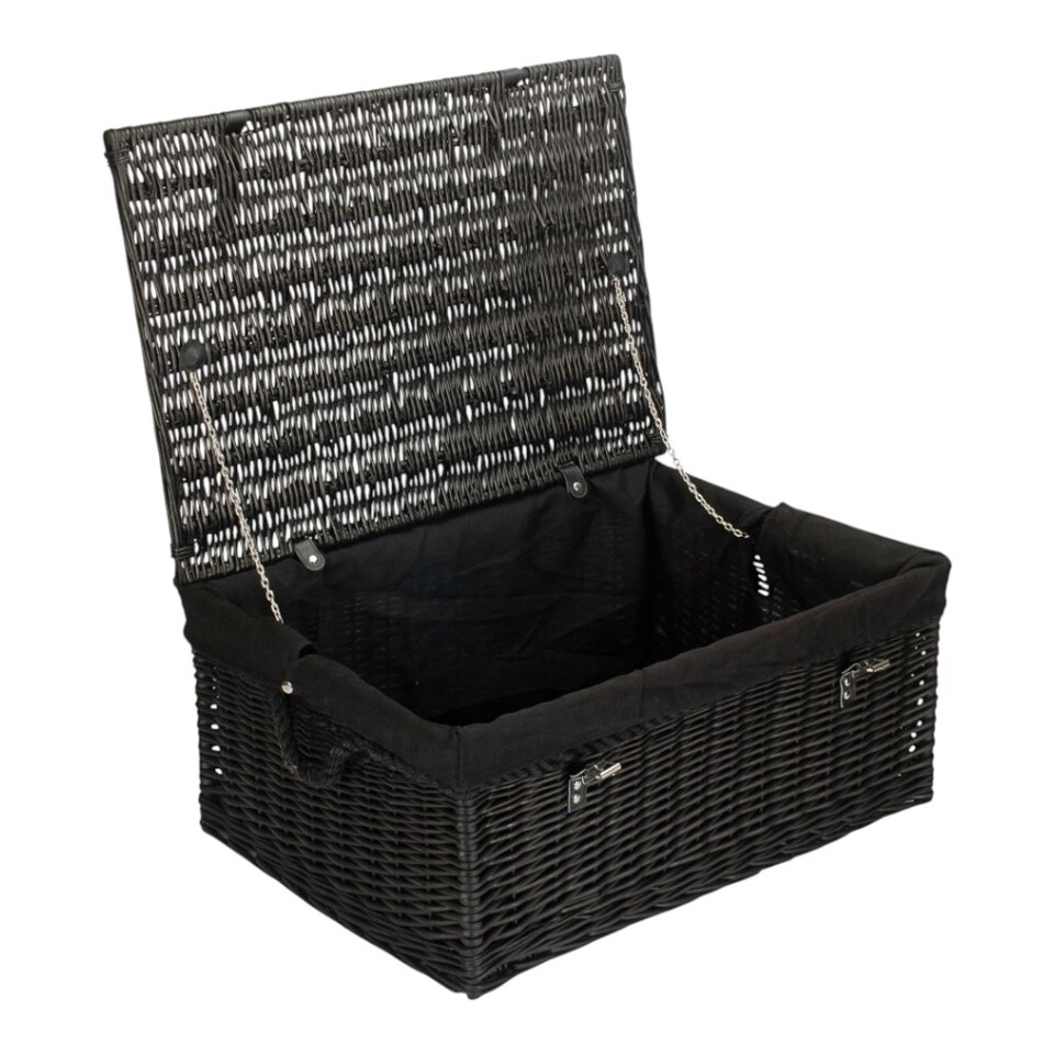 image 1 of 67cm Black Wicker Rope Handled Black Cotton Lined Picnic Basket | Black | Black | One Size