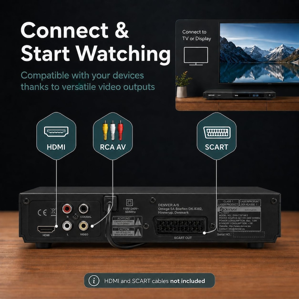 image 1 of Denver DVH-7787 - Compact DVD Player, Multi Region/All Region, Full HD 1080p Upscaling, HDMI, Scart & Composite Video Connections, USB Port & Remote
