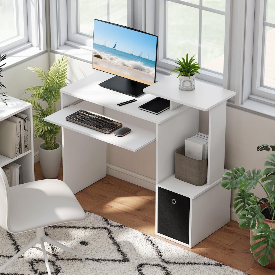 image 1 of HOMCOM Computer Desk with Sliding Keyboard Tray Storage Drawer Shelf Home Office Workstation White