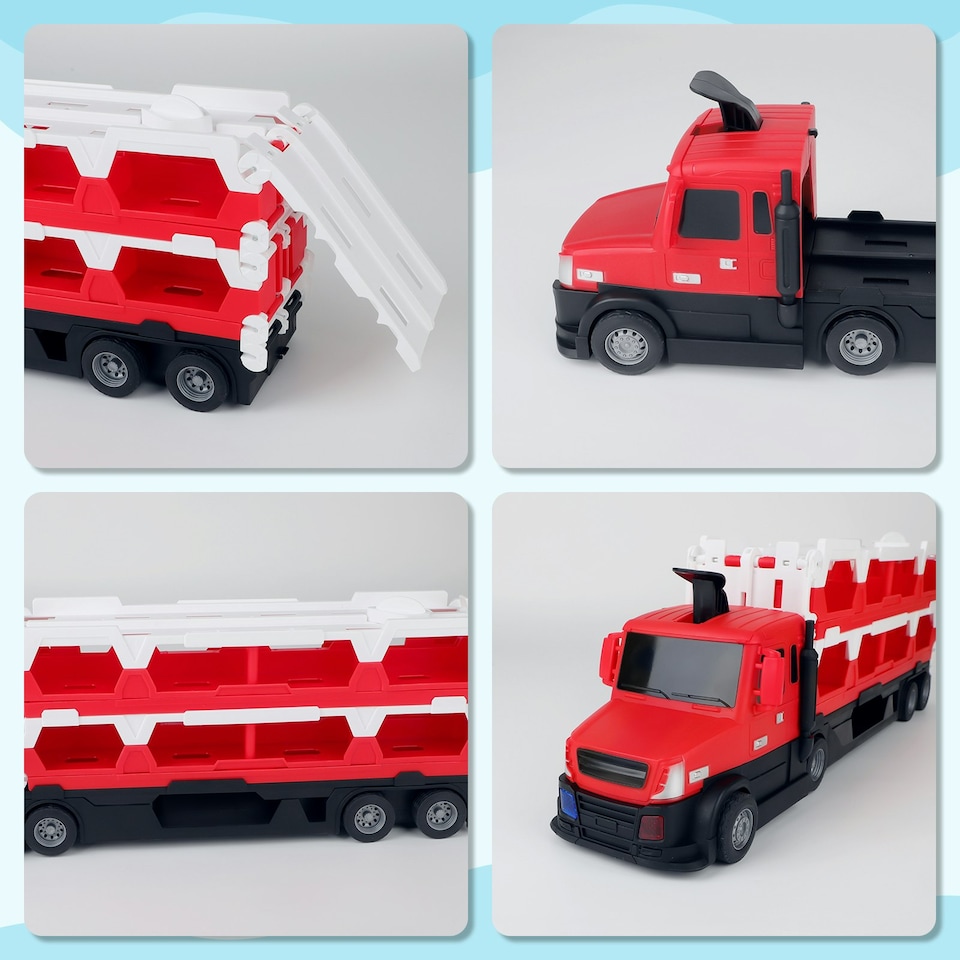 image 1 of 2-in-1 Alloy Car Transport Truck Toy Set with Foldable Catapult Race Track and 10 Mini Cars – Interactive Lights & Music