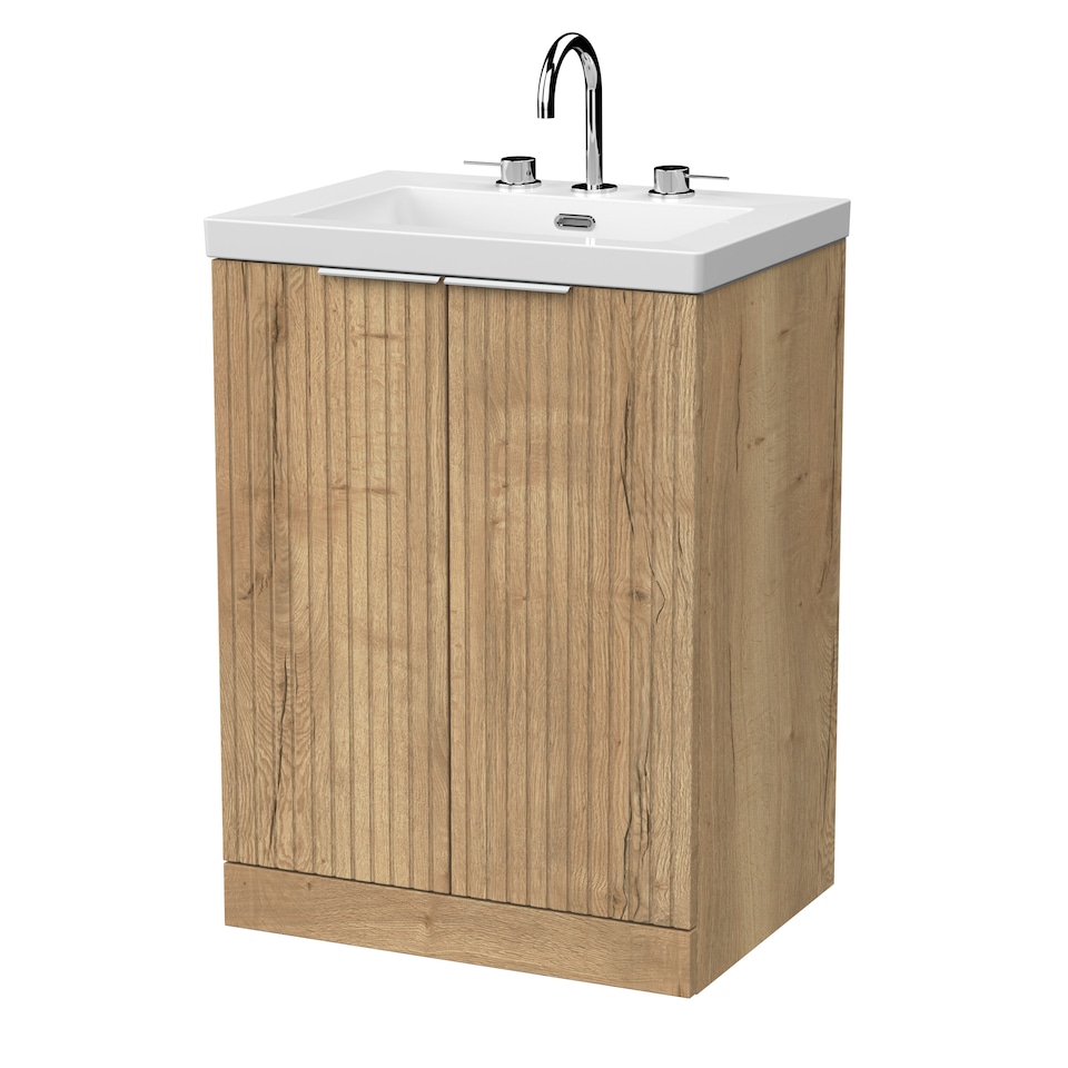 image 1 of Balterley Callingwood Contemporary Floor Standing 2 Door Vanity Unit with 3 Tap Hole Fireclay Basin , 600mm, Autumn Oak