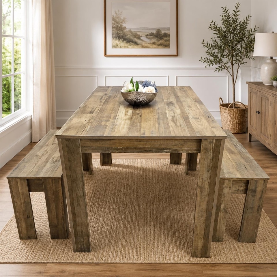 image 1 of Rustic Effect wood Dining Table And 2 Benches kitchen table Set space saver table set