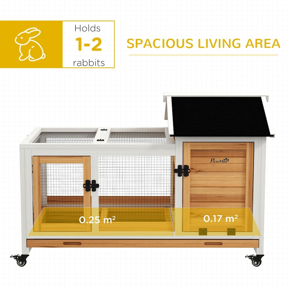 image 1 of PawHut Rabbit Hutch, Guinea Pig Cage with Wheels, Outdoor/Indoor, Yellow