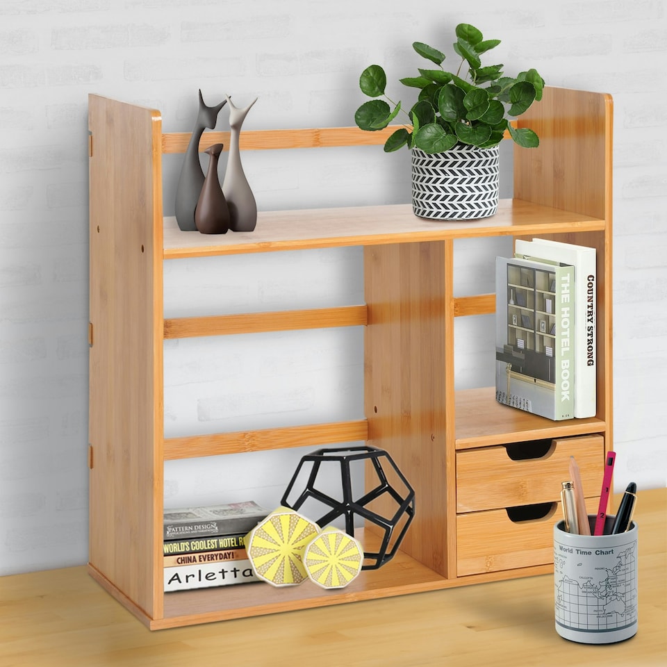 image 1 of HOMCOM Desk Organiser Desktop Bookshelf 180 Degree Rotatable 2 Drawers Bamboo