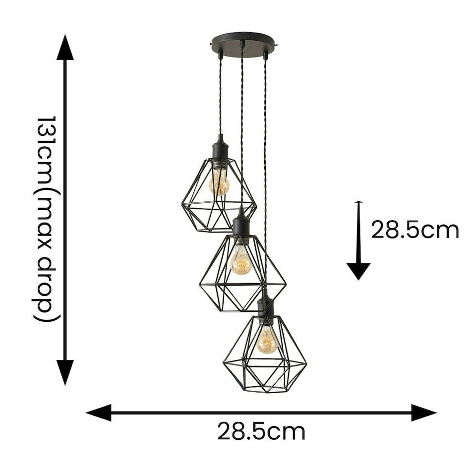 image 1 of ValueLights Diablo Geometric 3 Drop Cluster Matte Black Ceiling Pendant Light with Bulbs Black
