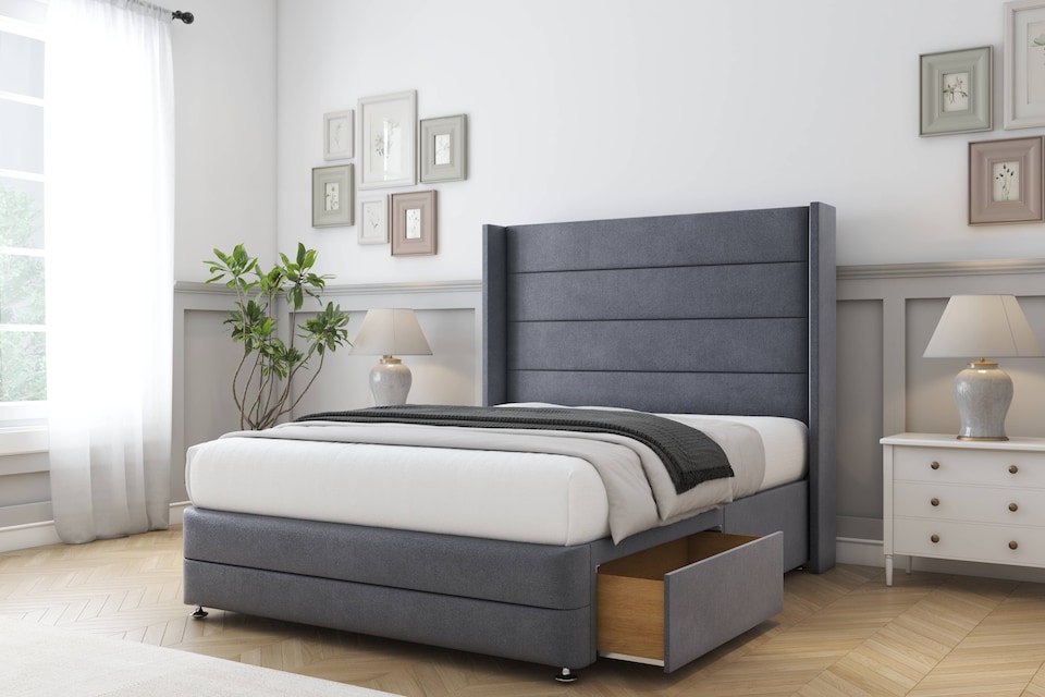 image 1 of Sloomy Sterling Steel Plush Divan Bed Base No Drawers With 54 Inch Wingback Headboard & 12 Inch Matching Footboard | Grey | Steel | Small Single | 1