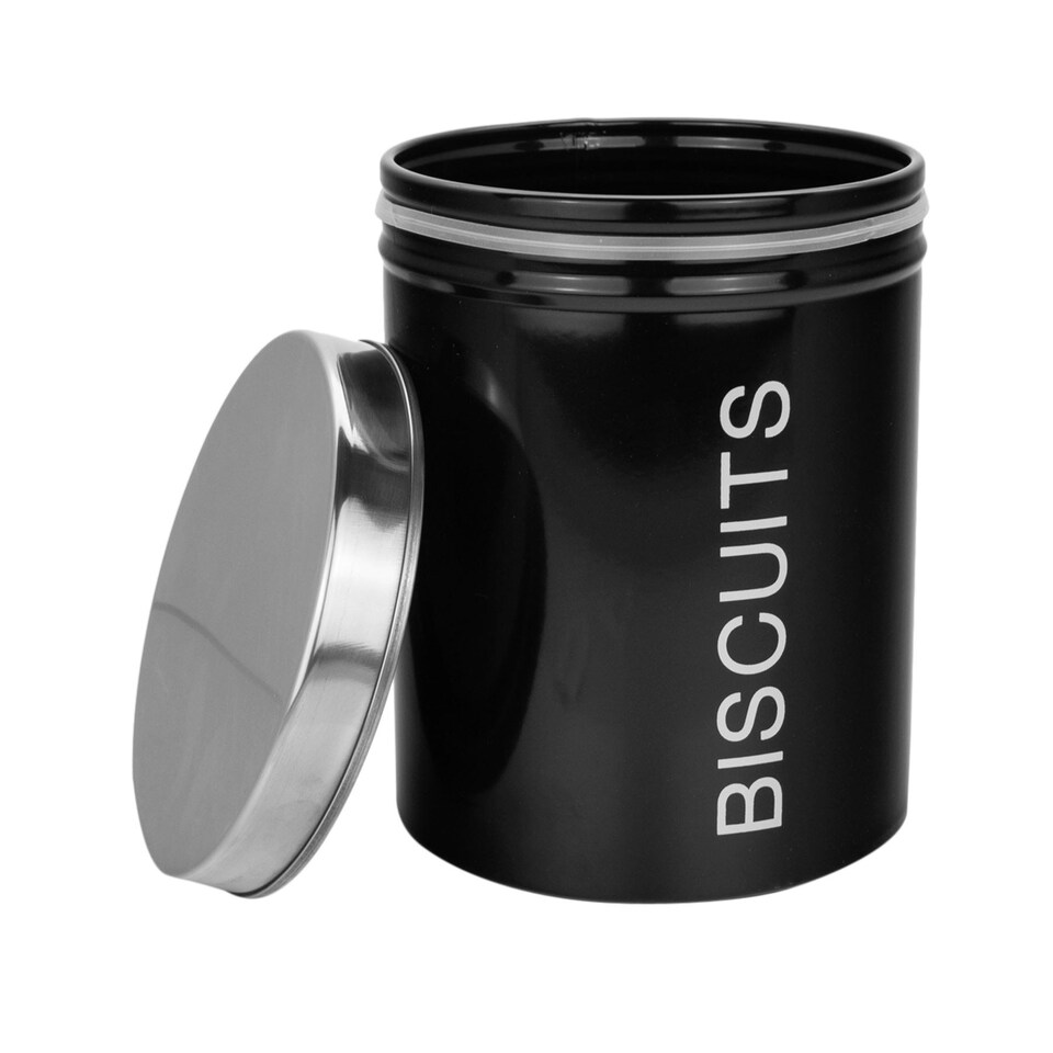 image 1 of Harbour Housewares Black Round Metal Kitchen Biscuit Tin Kitchen Caddy Kitchen Storage Containers Bin Canister