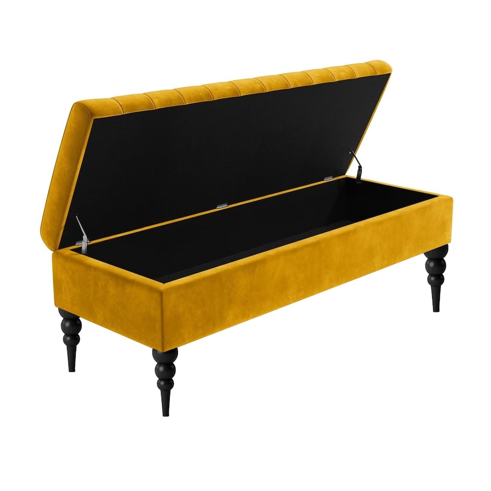 image 1 of 90cm Sierra Striped Ottoman Storage Bench with Black Turned Wooden Legs - Mustard Gold Plush Velvet Upholstered Shoes Bench