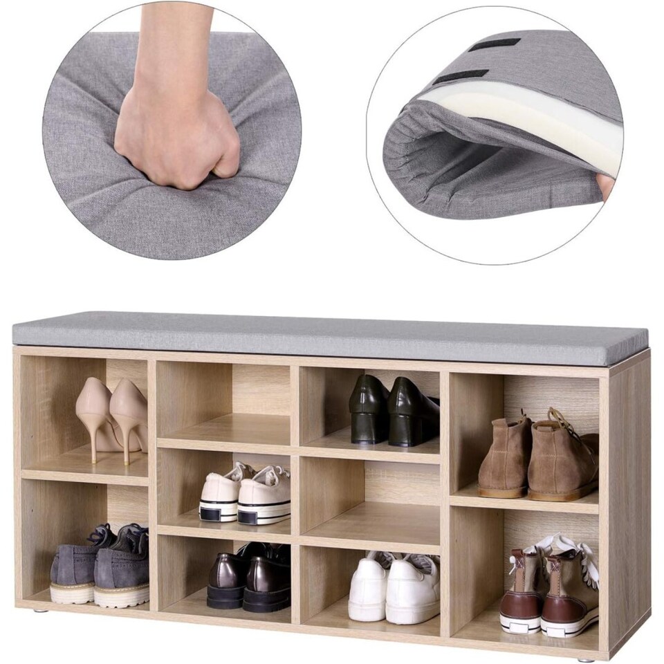 image 1 of 10-Compartment Shoe Storage Bench Cabinet with Cushion Seat, Oak Colour
