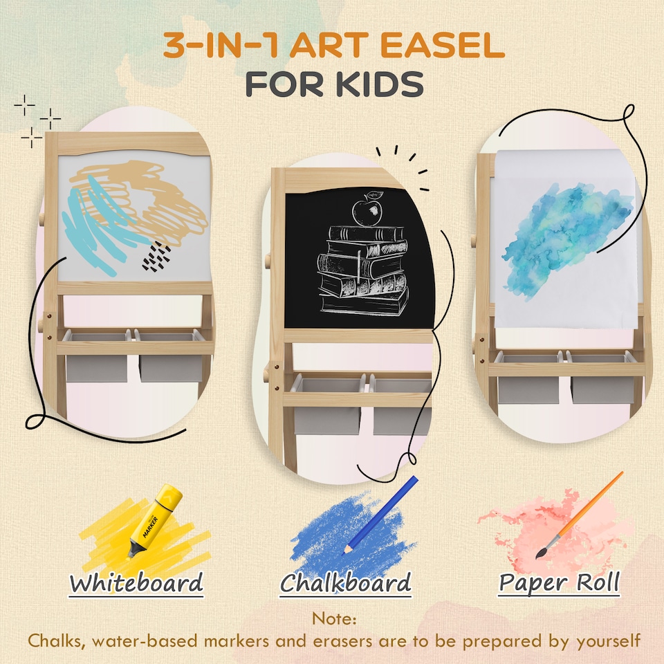 image 1 of AIYAPLAY 3 in 1 Kids Easel with Paper Roll, Storage Baskets | Yellow | Natural wood finish