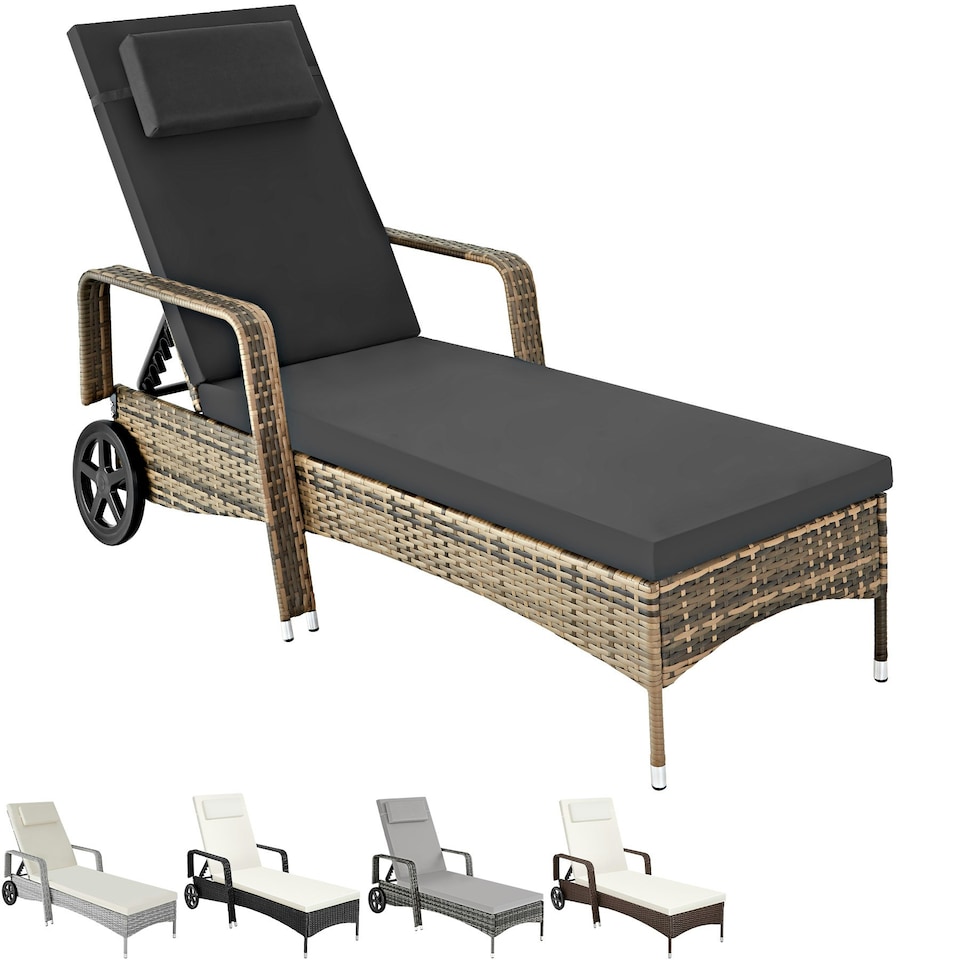 image 1 of Sun Lounger - 6-position backrest, weather & UV-resistant, soft pillow, two wheels Grey | Light Grey