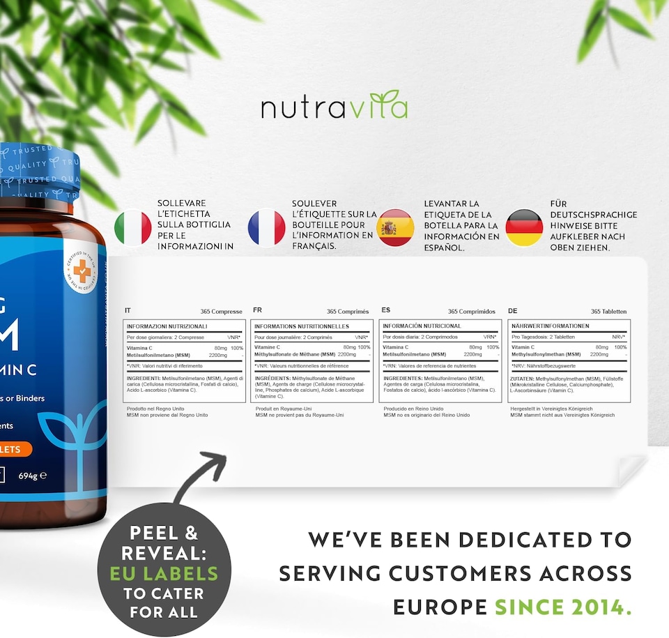 image 1 of Nutravita MSM 2200mg - Methylsulfonylmethane with 80mg Vitamin C Contributes to Normal Collagen Formation - Made in The UK - 365 Vegan Tablets
