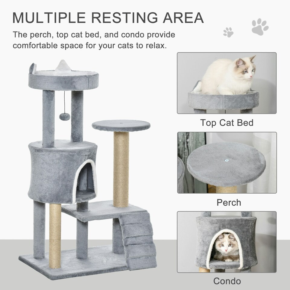 image 1 of PawHut 100cm Cat Condo Tree Tower with Scratching Post, Perch, Light Grey