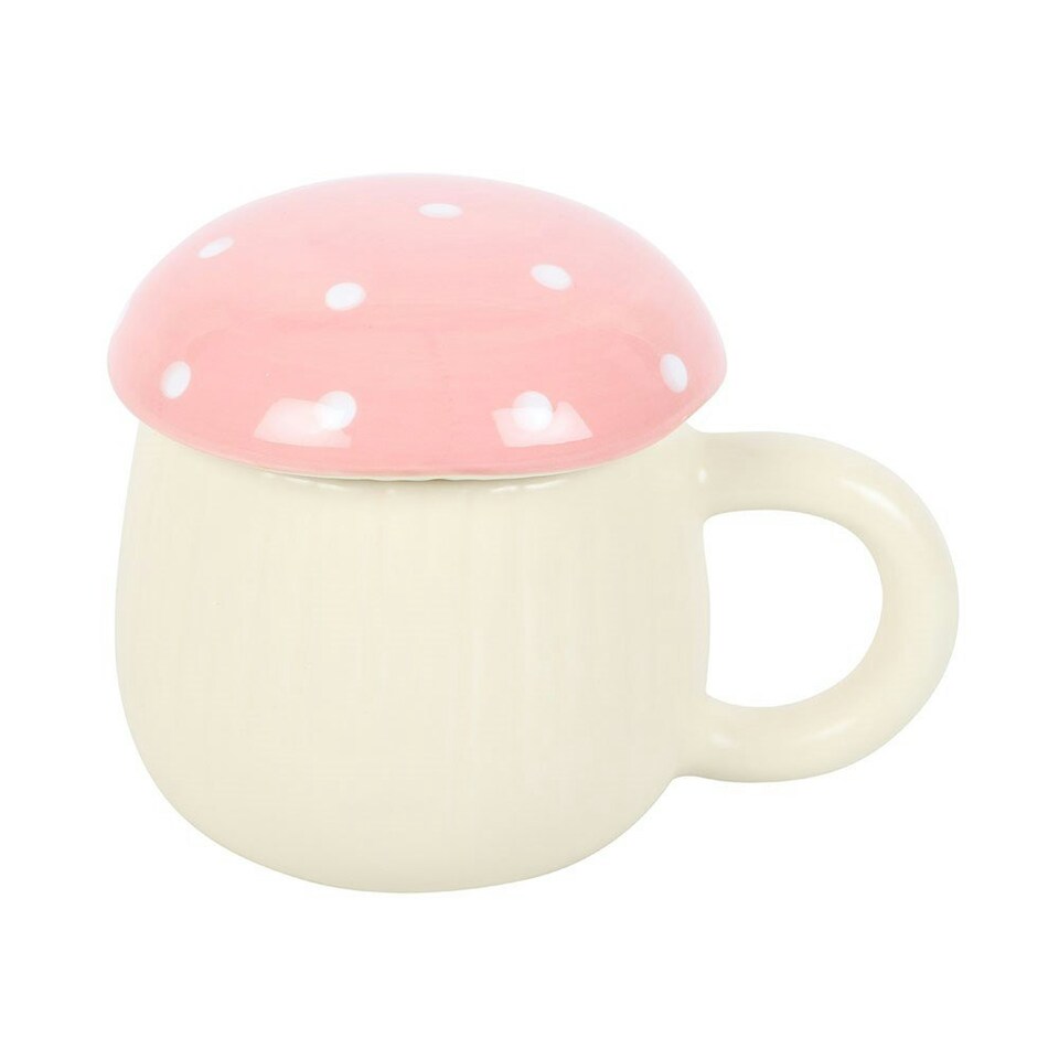 image 1 of Pink & White Mushroom Mug With Lid Cream