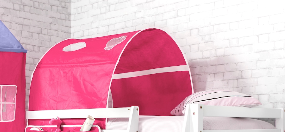 image 1 of Moro Cabin Bed Midsleeper with Cotton Pink Tent, Tower & Tunnel in White