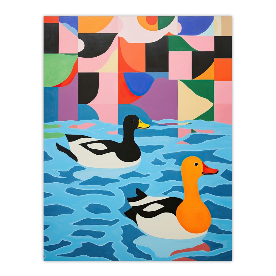 image 1 of Bathtime Buddies Vibrant Abstract Ducks Bathroom Black Framed Wall Art Print A4