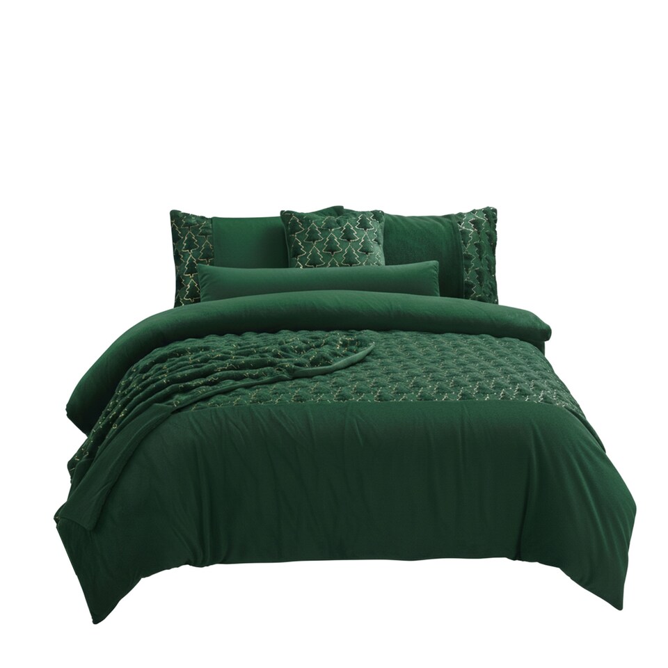 image 1 of Ultra Soft Teddy Duvet Cover Set Christmas Tree Cozy Fleece Bedding | Green | Single