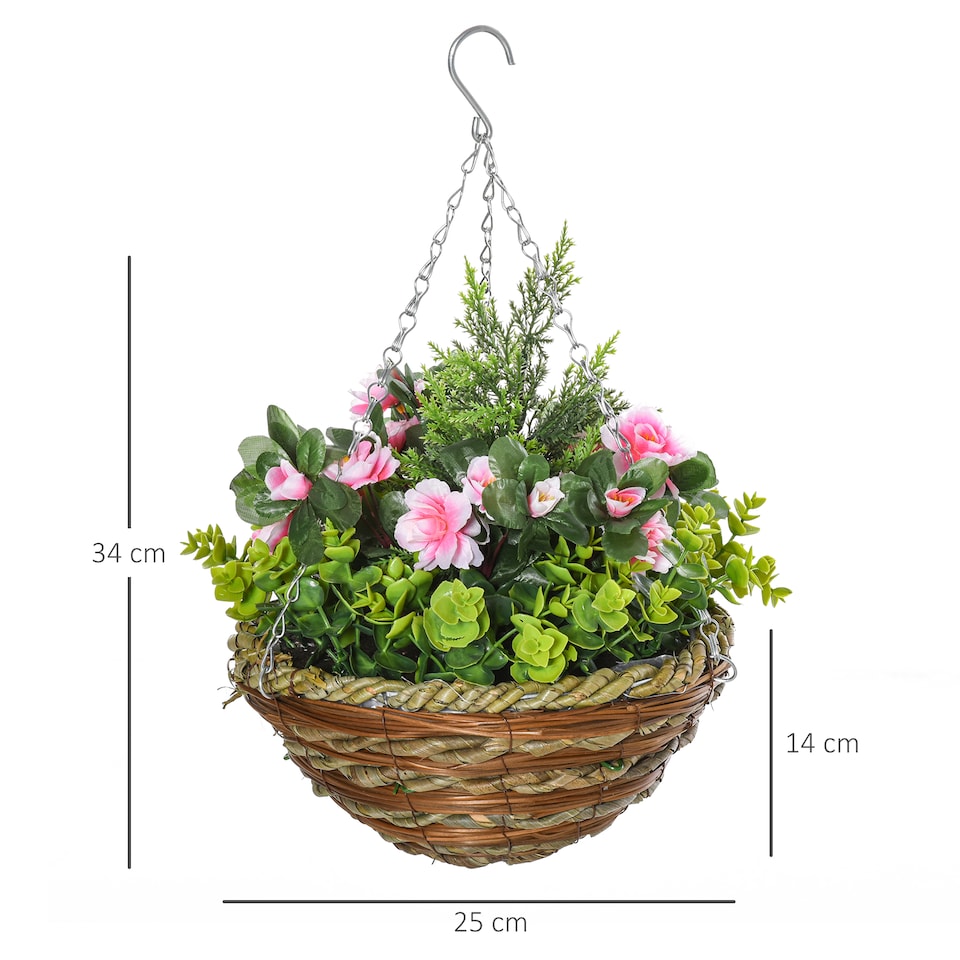 image 1 of Outsunny Pack of 2 FauPlant Artificial Lisianthus Flowers Hanging Planter with Basket for Indoor Decoration, Pink