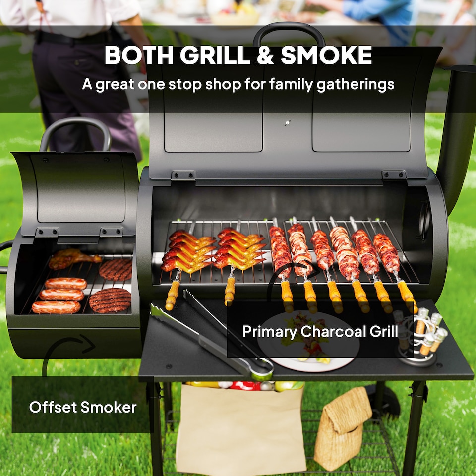 image 1 of Outsunny Portable Outdoor Charcoal Grill BBQ Grill with Offset Smoker Black