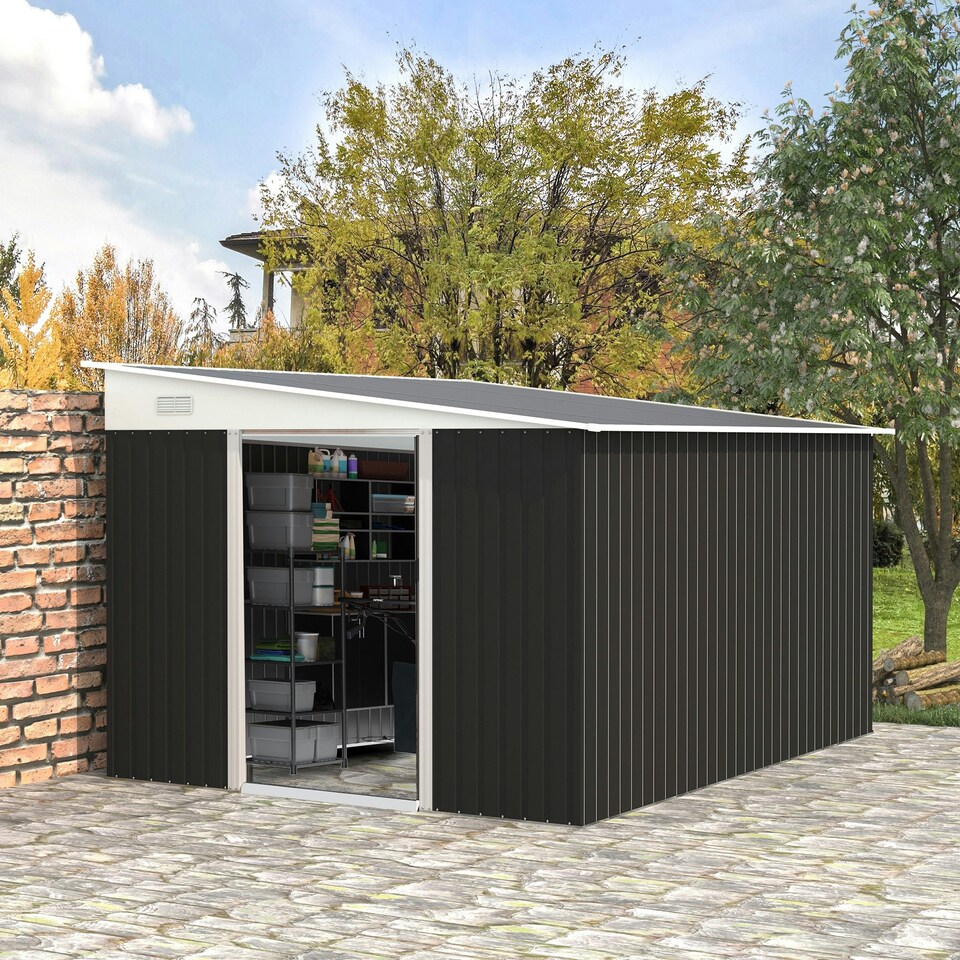 image 1 of Outsunny Steel Garden Storage Shed w/ Sliding Doors Black Black | Black