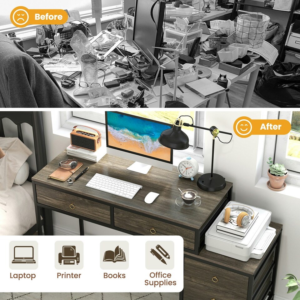 image 1 of COSTWAY Computer Desk with 5 Drawers and Side File Cabinet Grey Grey