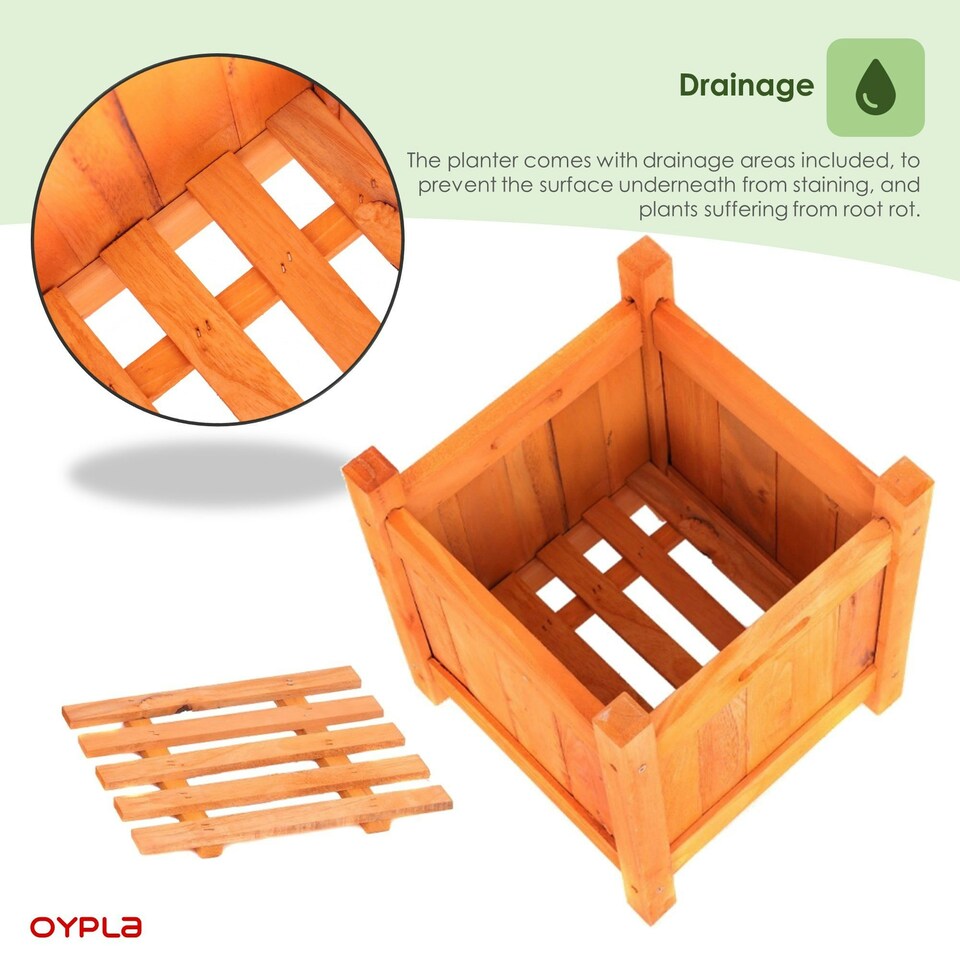 image 1 of Oypla Garden Wooden Square Flower Planter Ornamental Plant Pot Brown