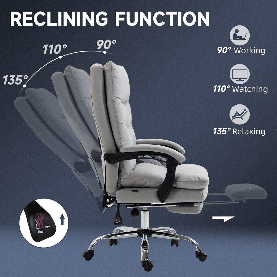 image 1 of Vinsetto Office Chair with Footrest, Double Padding Ergonomic Desk Chair with 6-Point Vibration Massage and Back Heating, Microfibre Fabric with 135 Reclining Back, Grey