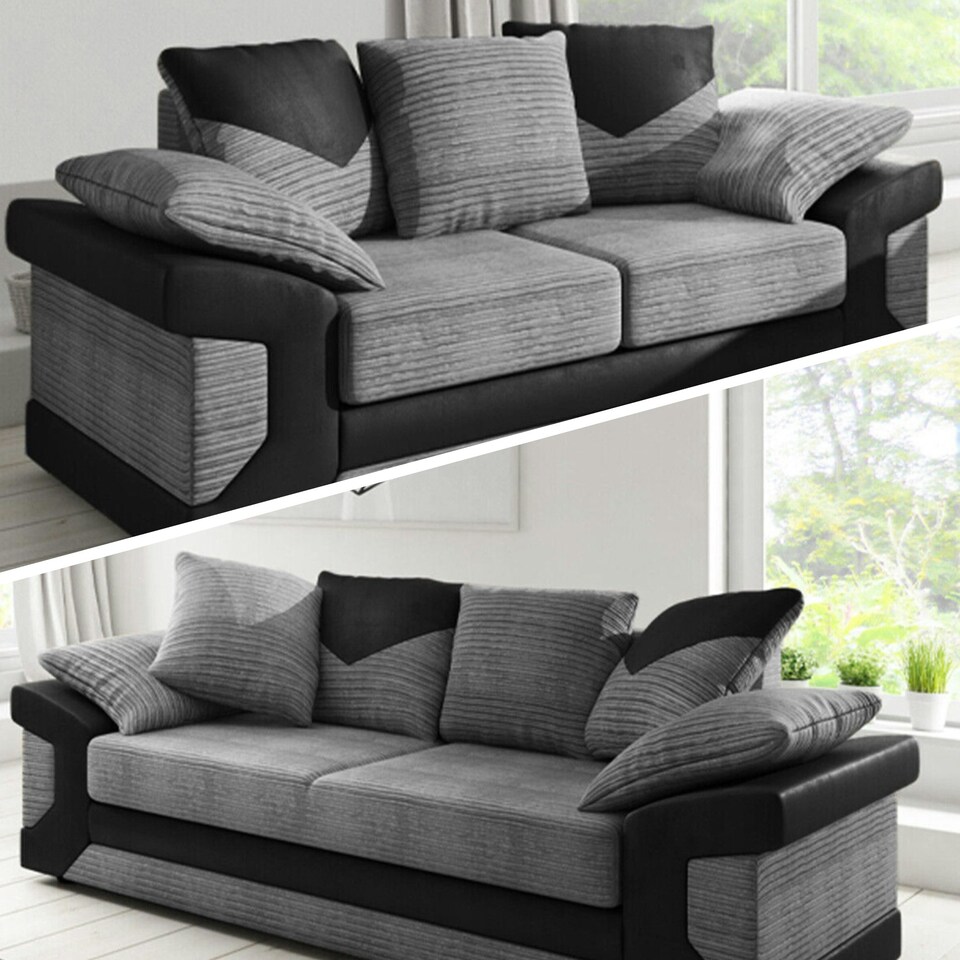 image 1 of Toledo 5 Seater Grey Jumbo Cord 3+2 Sofa Set With a Modern Black Leather Trim Grey | A  sleek black leather trim