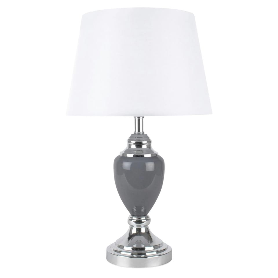 image 1 of First Choice Lighting Set of 2 Chrome and Grey Urn Table Lamps with White Shades Chrome | White