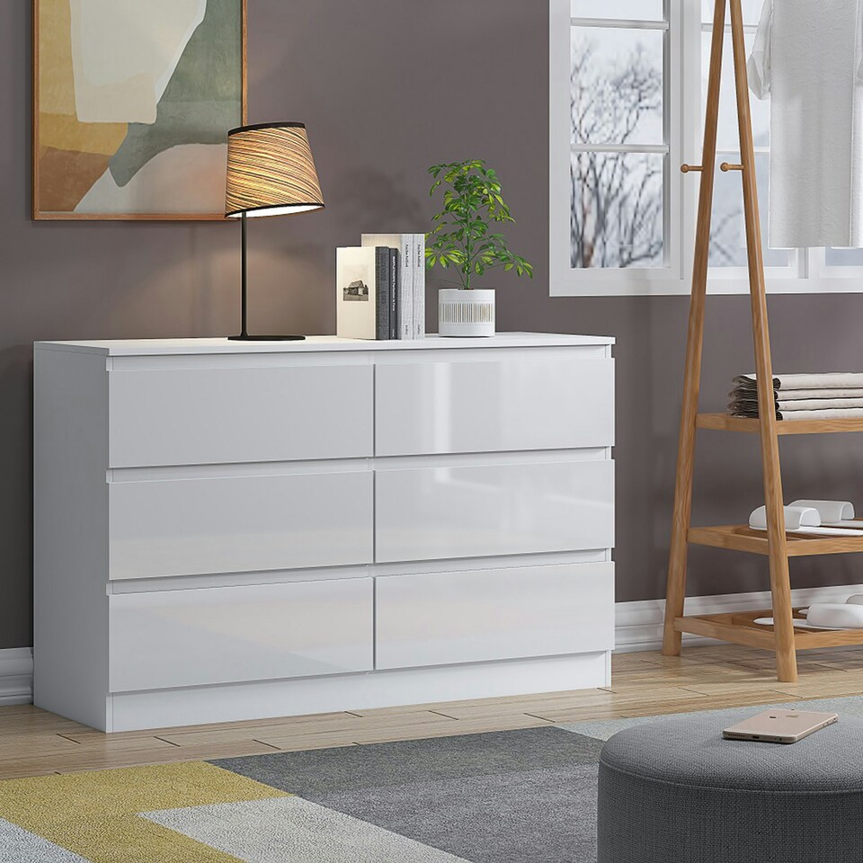 image 1 of FWStyle Carlton 6 Drawer Wide 3+3 Chest Of Drawers - White Gloss Front