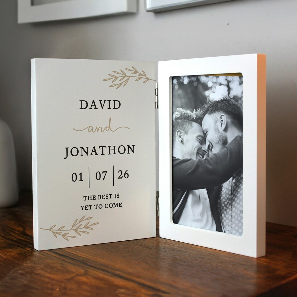 image 1 of Personalised Anniversary Wooden Hinged 6x4 Photo Frame | White | One Size