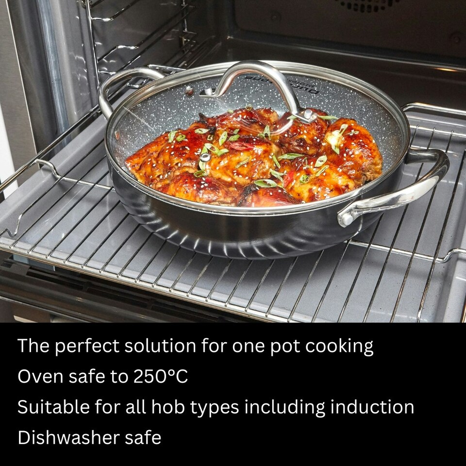 image 1 of Durastone Black 28cm Shallow Casserole Pan with Lid, Oven Safe, All hob Compatible