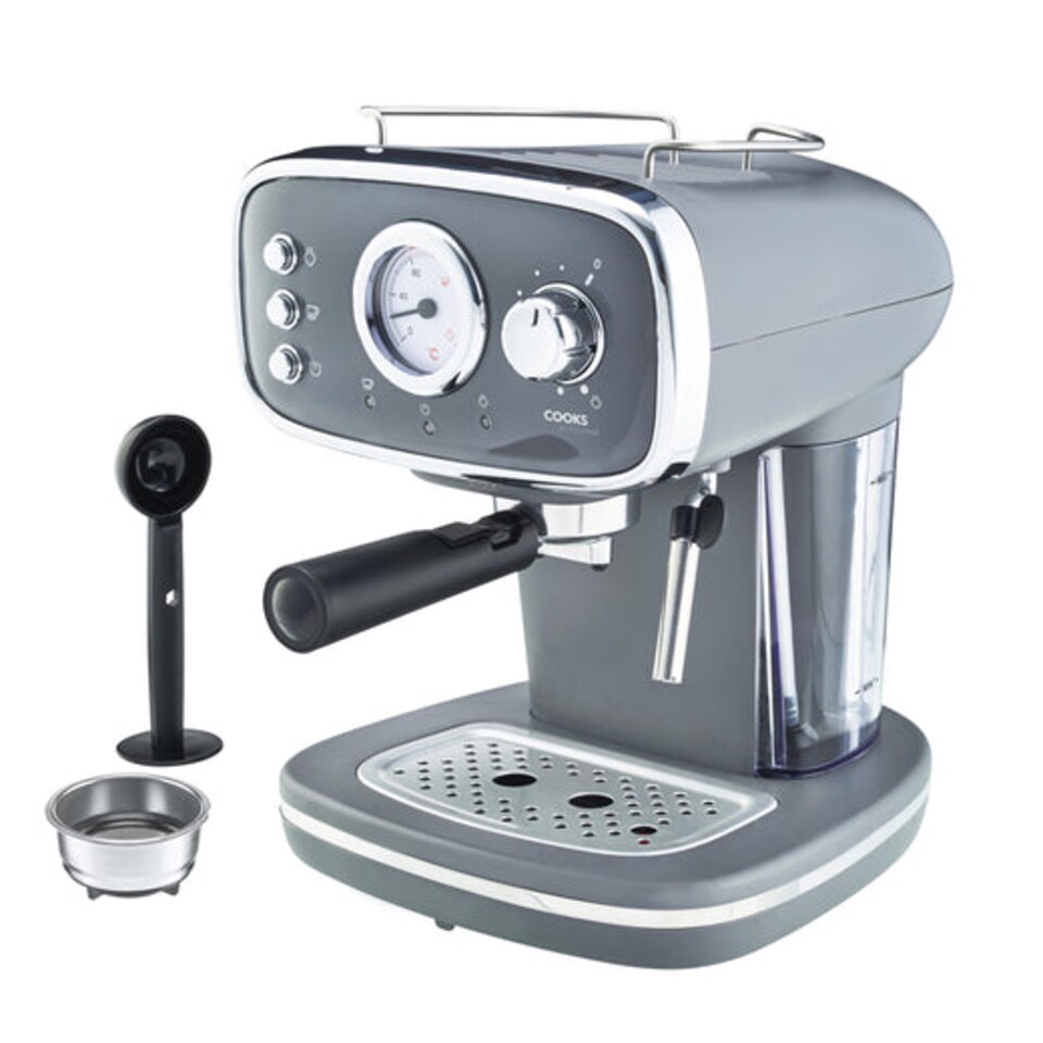 image 1 of Cooks Professional 15-Bar Retro Espresso Coffee Machine 1.2L with Frothing Steam Wand | Grey | Grey & Silver