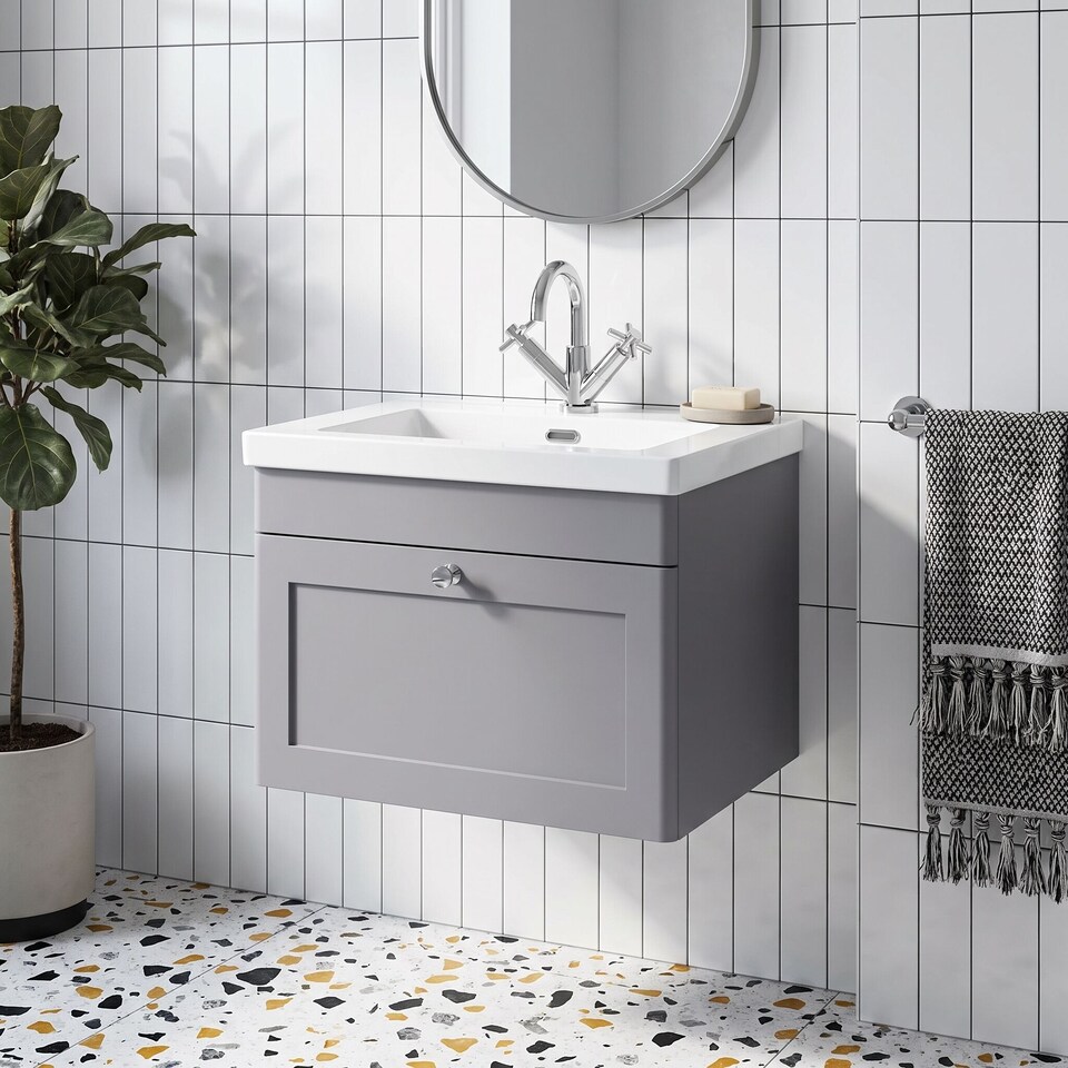 image 1 of Balterley Swynnerton Traditional 1 Drawer Wall Hung Vanity Unit with Fireclay Basin, Satin Grey, 600mm
