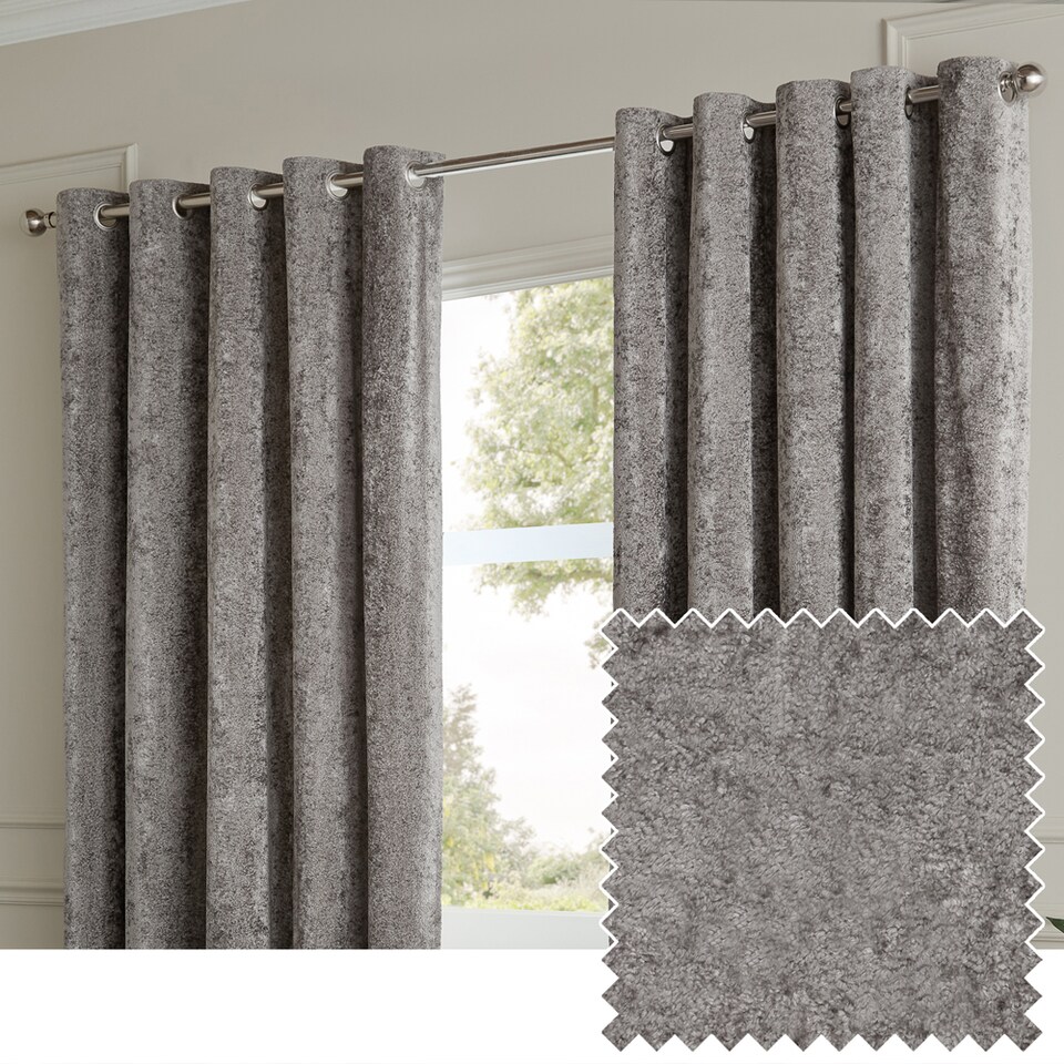 image 1 of Paoletti Lustre Velvet Fully Lined Eyelet Curtain Pair, Pewter, (W) 229 x (D) 183cm | Grey | Pewter | 1