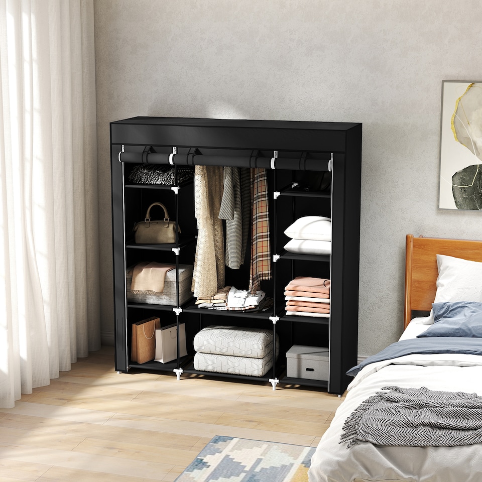 image 1 of HOMCOM Portable Wardrobe, Foldable Fabric Wardrobe, 150 x 43 x 162.5cm, Clothes Storage Organiser with Hanging Rail, Shelves, Fabric Cover for Bedroom, Black