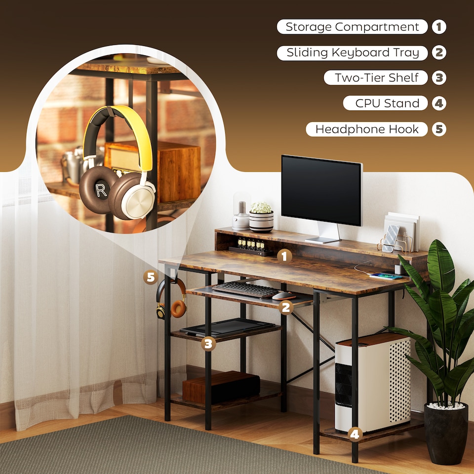 image 1 of HOMCOM Computer Desk with LED Lights and Power Outlets, 120 x 55 cm Gaming Desk with Monitor Stand, Sliding Keyboard Tray and Storage Shelves for Home Office, Rustic Brown | Brown